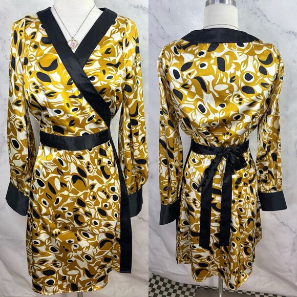 BCBG Maxazria Y2k Satin Adele Wrap Dress M Black Gold Long Sleeves Abstract - Picture 1 of 14